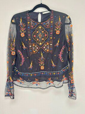 Zara Basic Black Mesh Embroidered Beaded Blouse Boho Folk Art NWT L